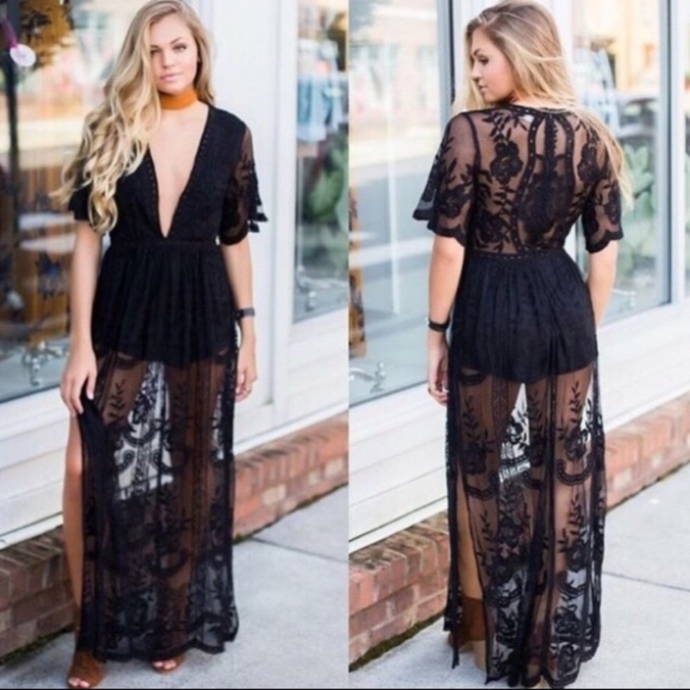 Honey Punch embroidered lace romper maxi, black